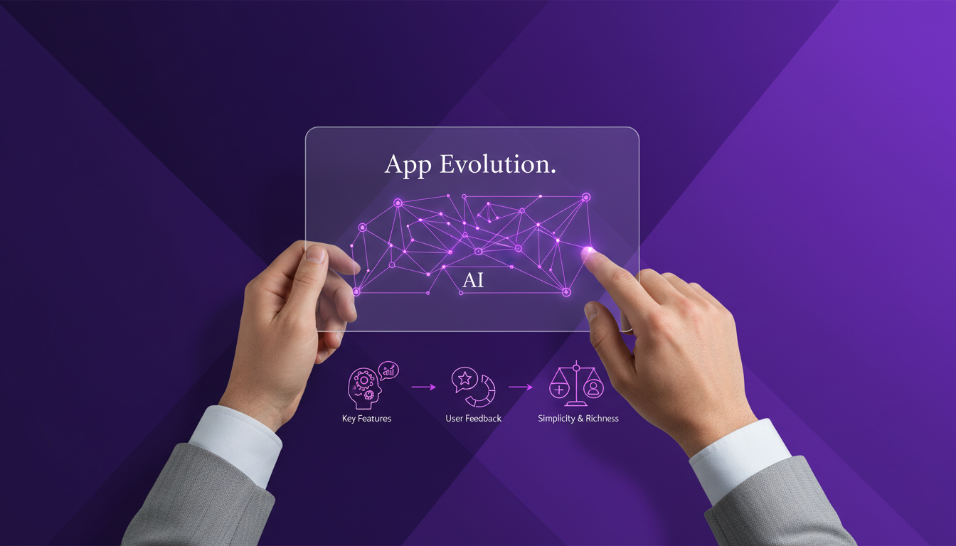 Modern minimalist illustration showcasing app's key AI features, influenced by user feedback, with deep indigo and violet gradients.