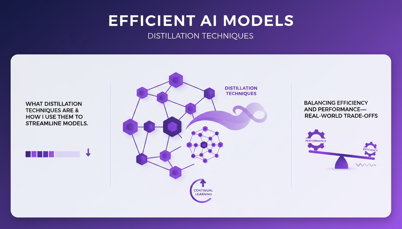 Modern illustration of efficient AI models with distillation techniques, geometric shapes, indigo and violet gradients.