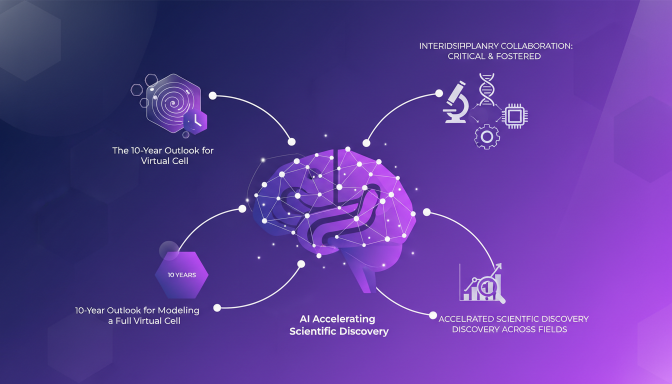Modern illustration of AI in scientific discovery, interdisciplinary collaboration, virtual cell modeling, indigo and violet colors.