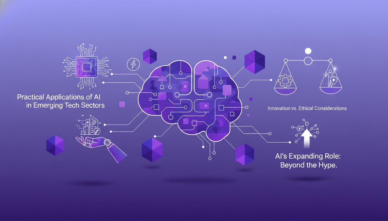 Modern illustration of AI in future technologies, featuring geometric shapes and indigo-violet gradients.
