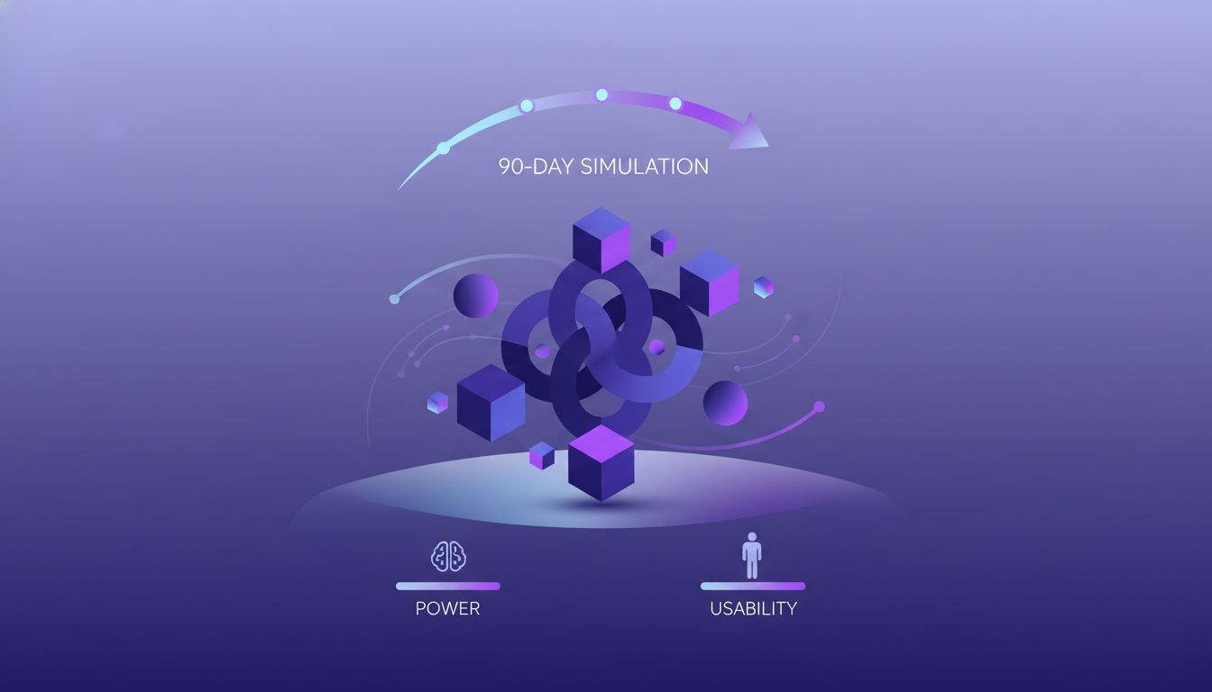 Illustration moderne de l'intégration et évaluation des performances AI, utilisant des formes géométriques et des dégradés indigo et violet.