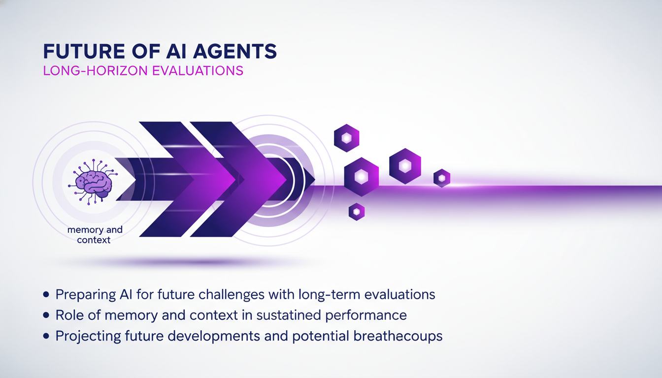 Illustration moderne d'agents IA du futur avec évaluations à long terme, intégrant mémoire et contexte, dans des teintes indigo et violet.