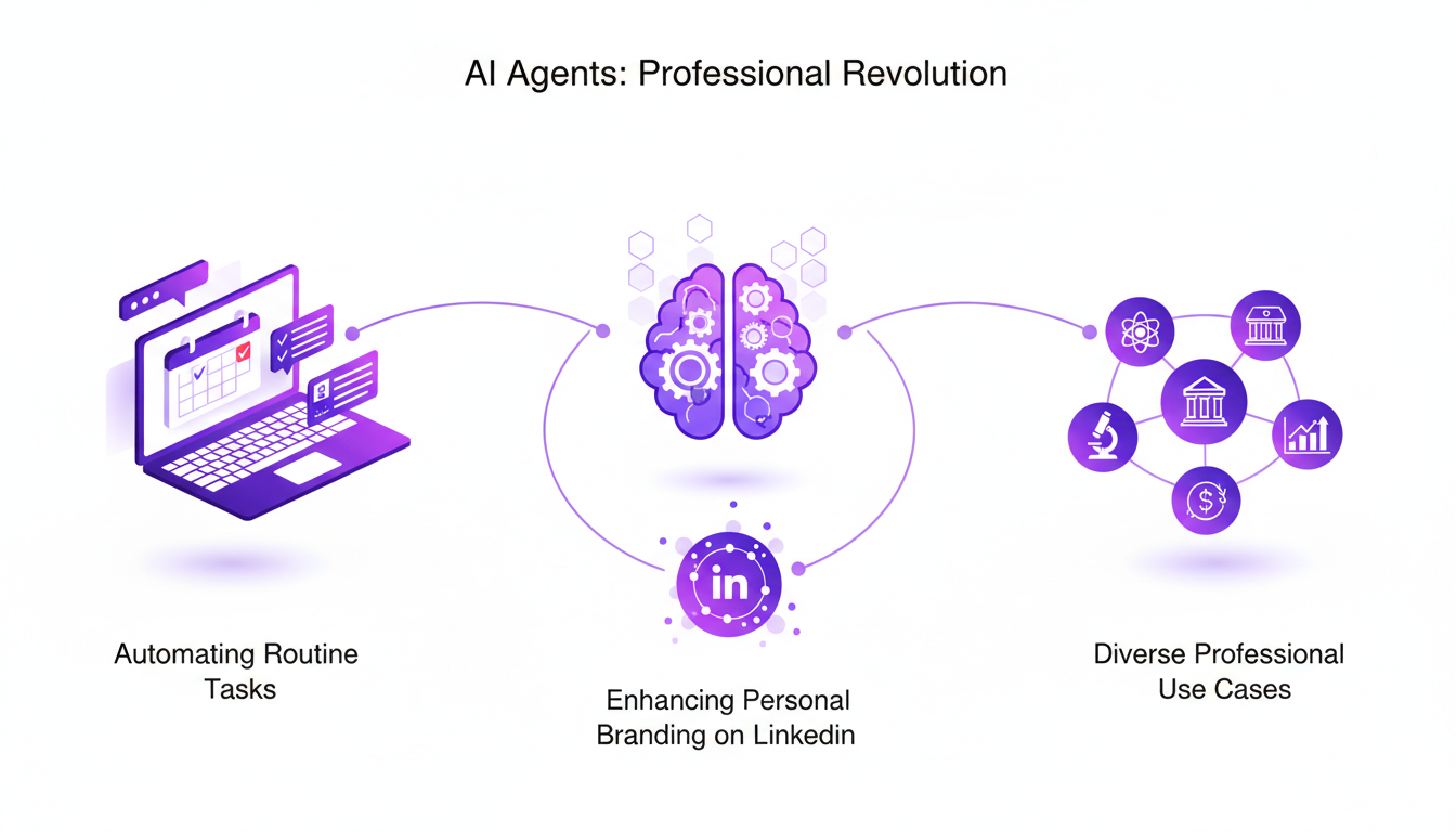 Modern illustration of AI agents boosting productivity in professional settings, featuring geometric shapes and gradient overlays.