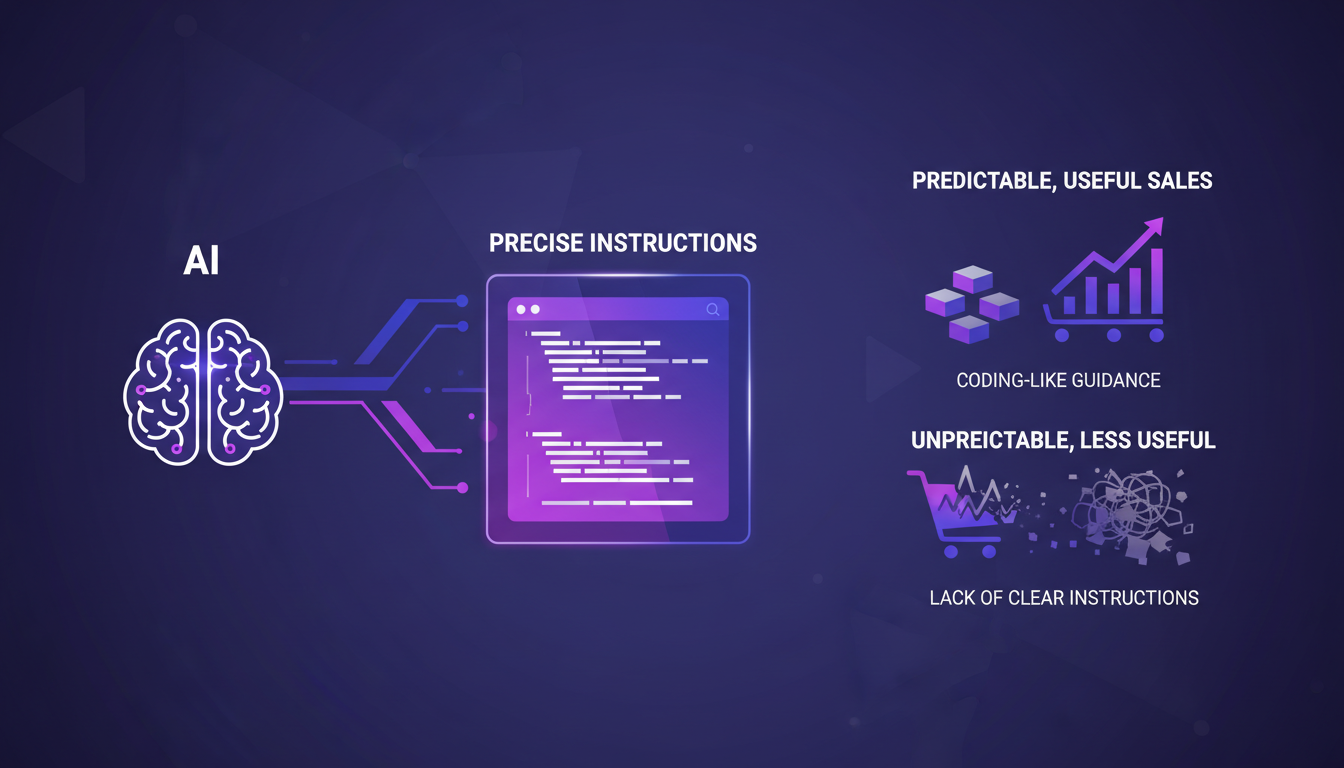 Modern illustration on the importance of detailed instructions for AI in sales, featuring geometric shapes and violet gradients.