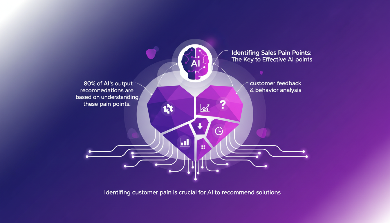 Modern illustration identifying sales pain points for AI optimization, featuring geometric shapes and violet gradients.
