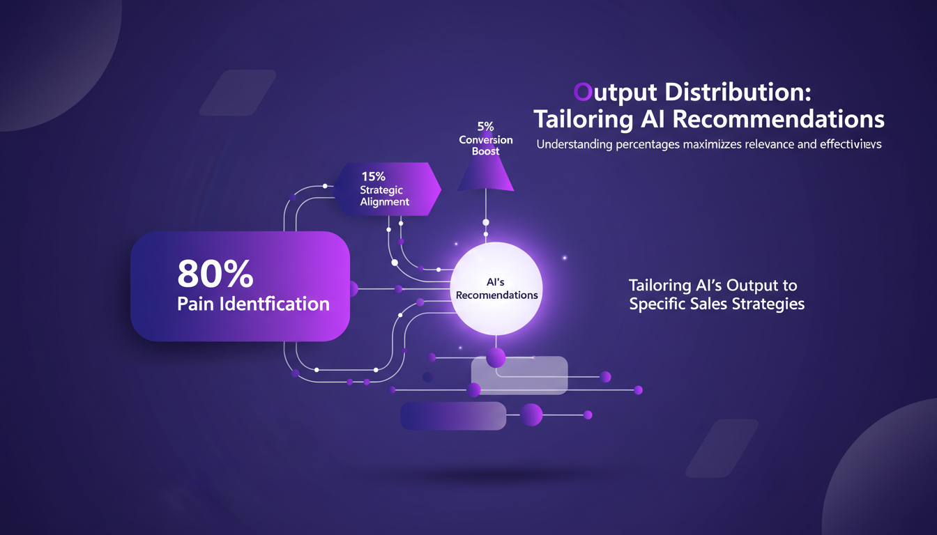 Modern illustration of AI recommendation distribution, showing 80%, 15%, 5%, in indigo and violet hues, for sales strategy.