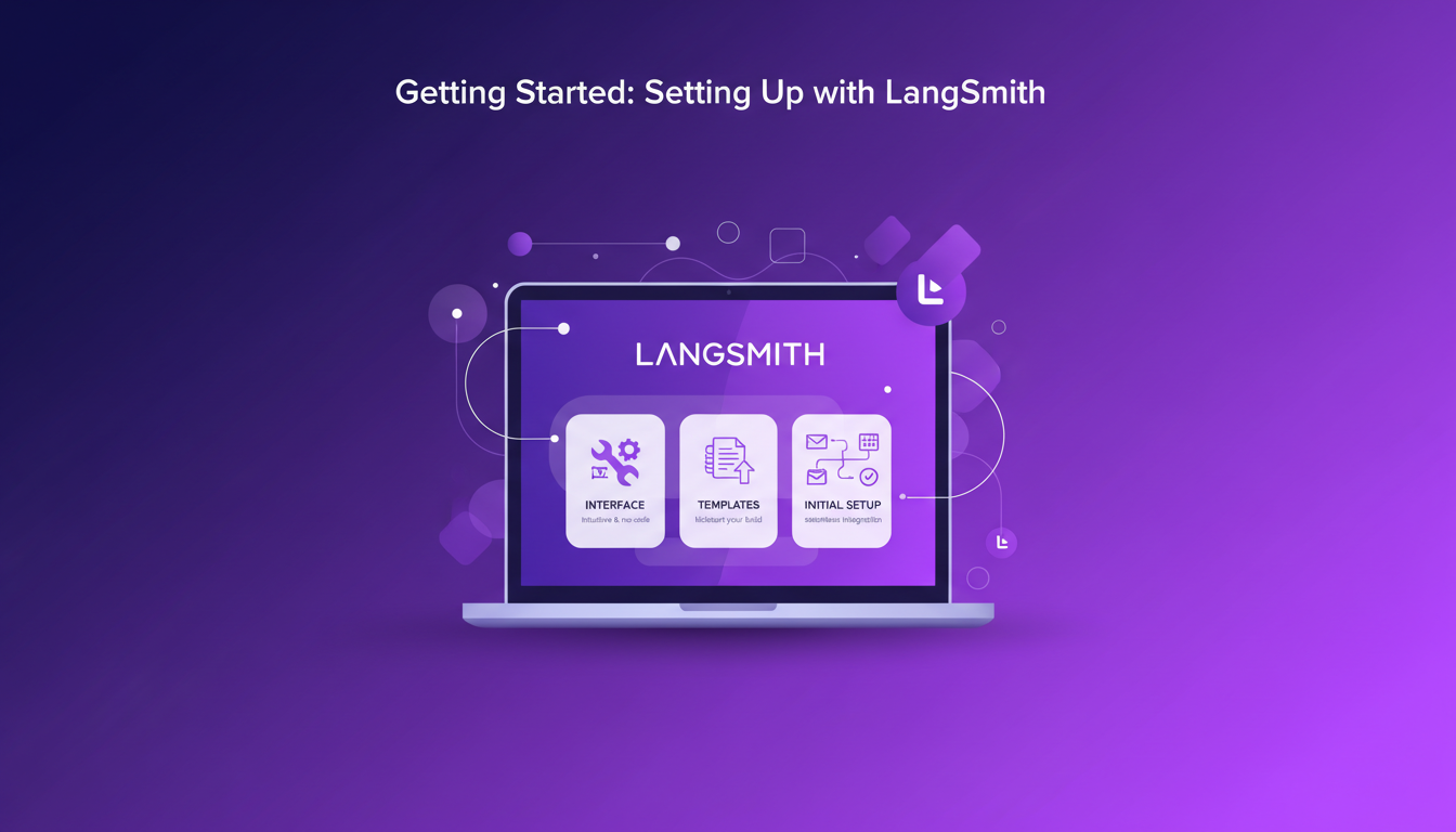 Modern illustration of LangSmith's intuitive no-code interface, featuring Gmail and calendar integration, indigo-violet palette.