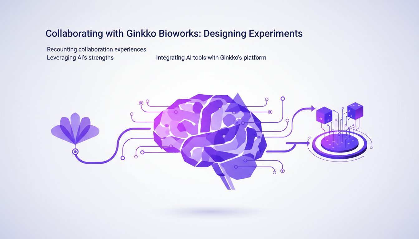 Illustration moderne de la collaboration avec Ginkgo Bioworks, intégrant l'IA dans la conception d'expériences scientifiques.