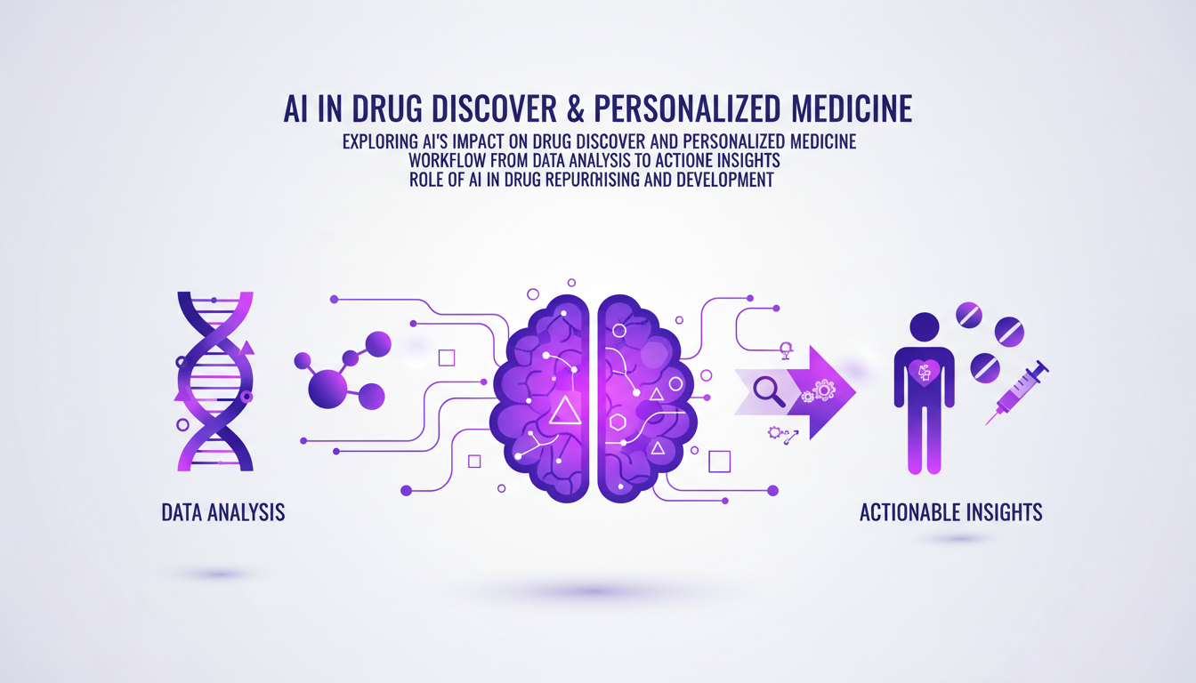 Illustration moderne de l'IA dans la découverte de médicaments et la médecine personnalisée avec des formes géométriques et des dégradés violets.