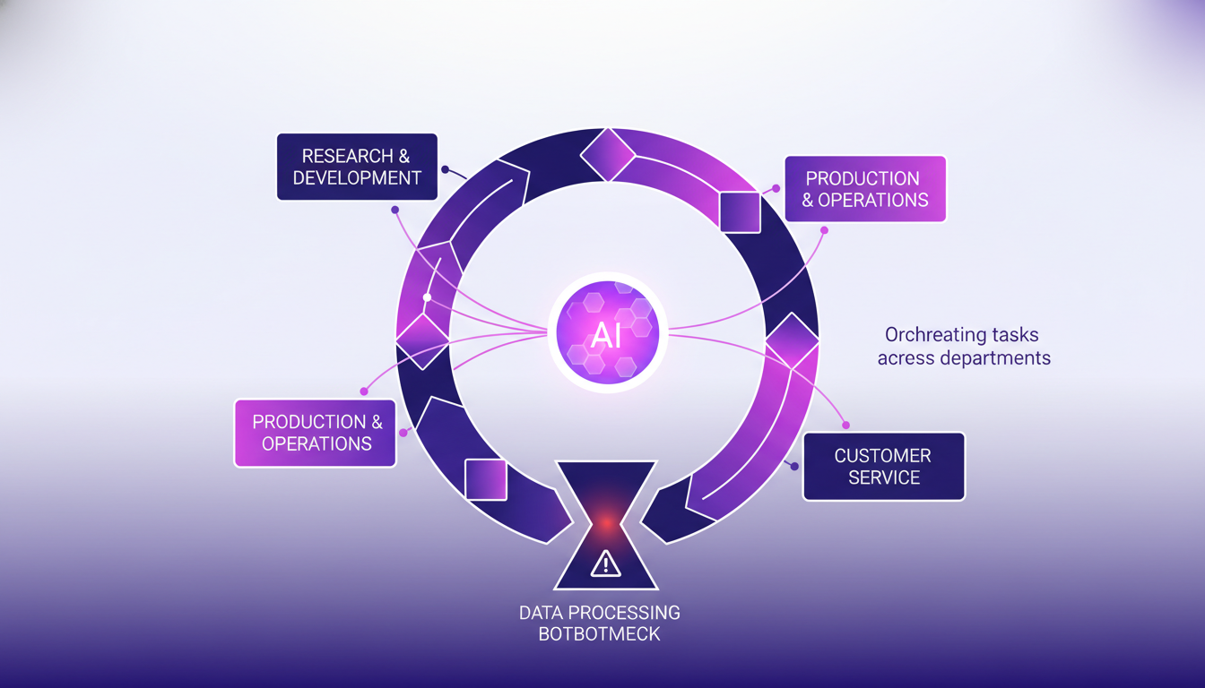 Illustration moderne de systèmes en boucle fermée avec IA comme système d'exploitation, intégrant des formes géométriques et des dégradés.