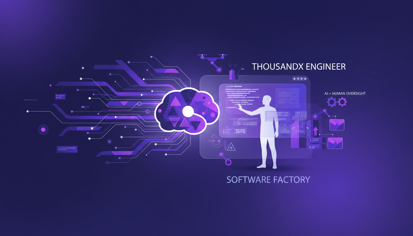 Illustration moderne de l'ingénieur millex utilisant des outils IA dans une usine logicielle, avec formes géométriques et dégradés violets.