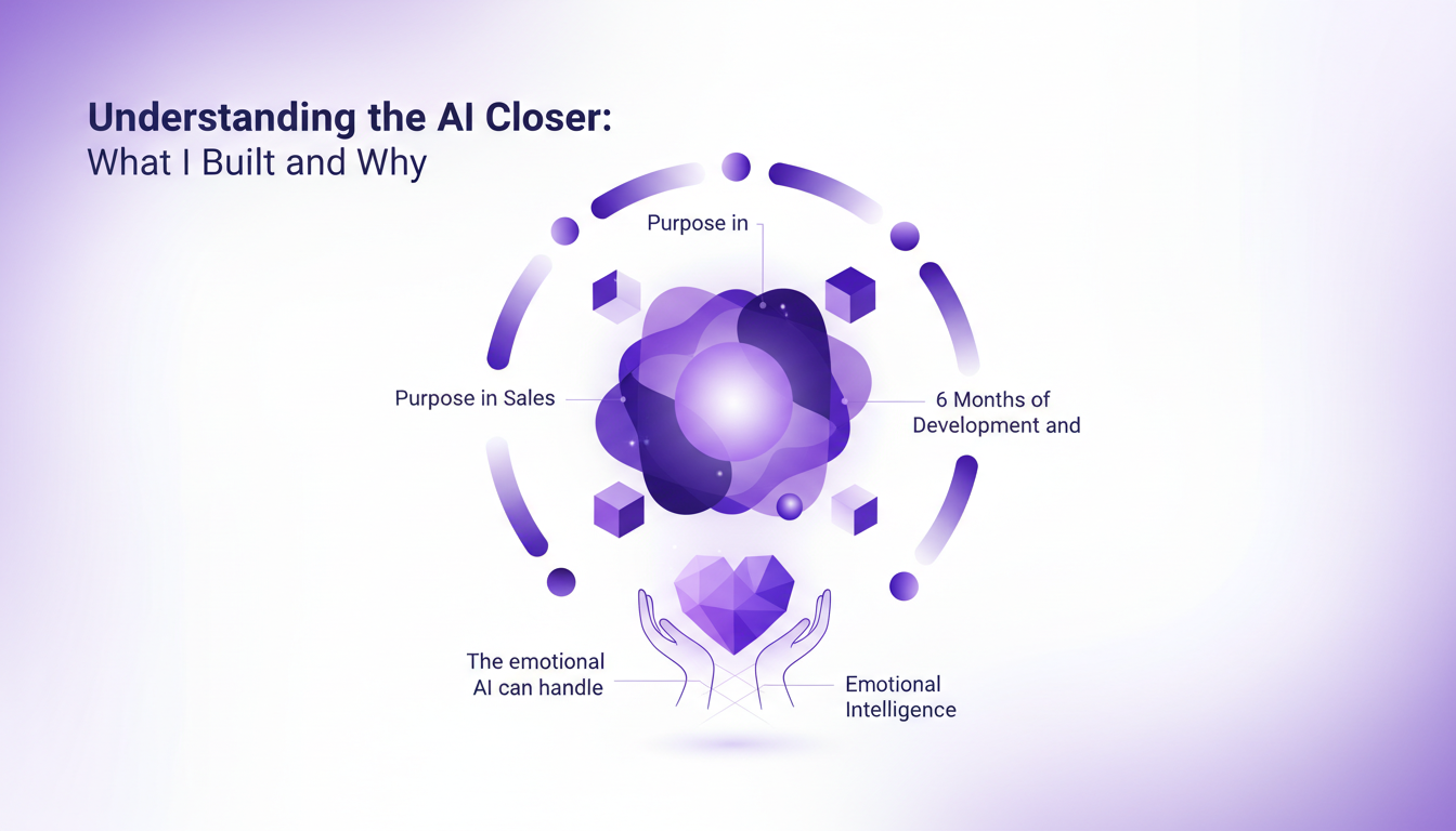 Modern illustration of AI Closer, a sales tool, in indigo and violet, showcasing six months of development and emotional handling capabilities.