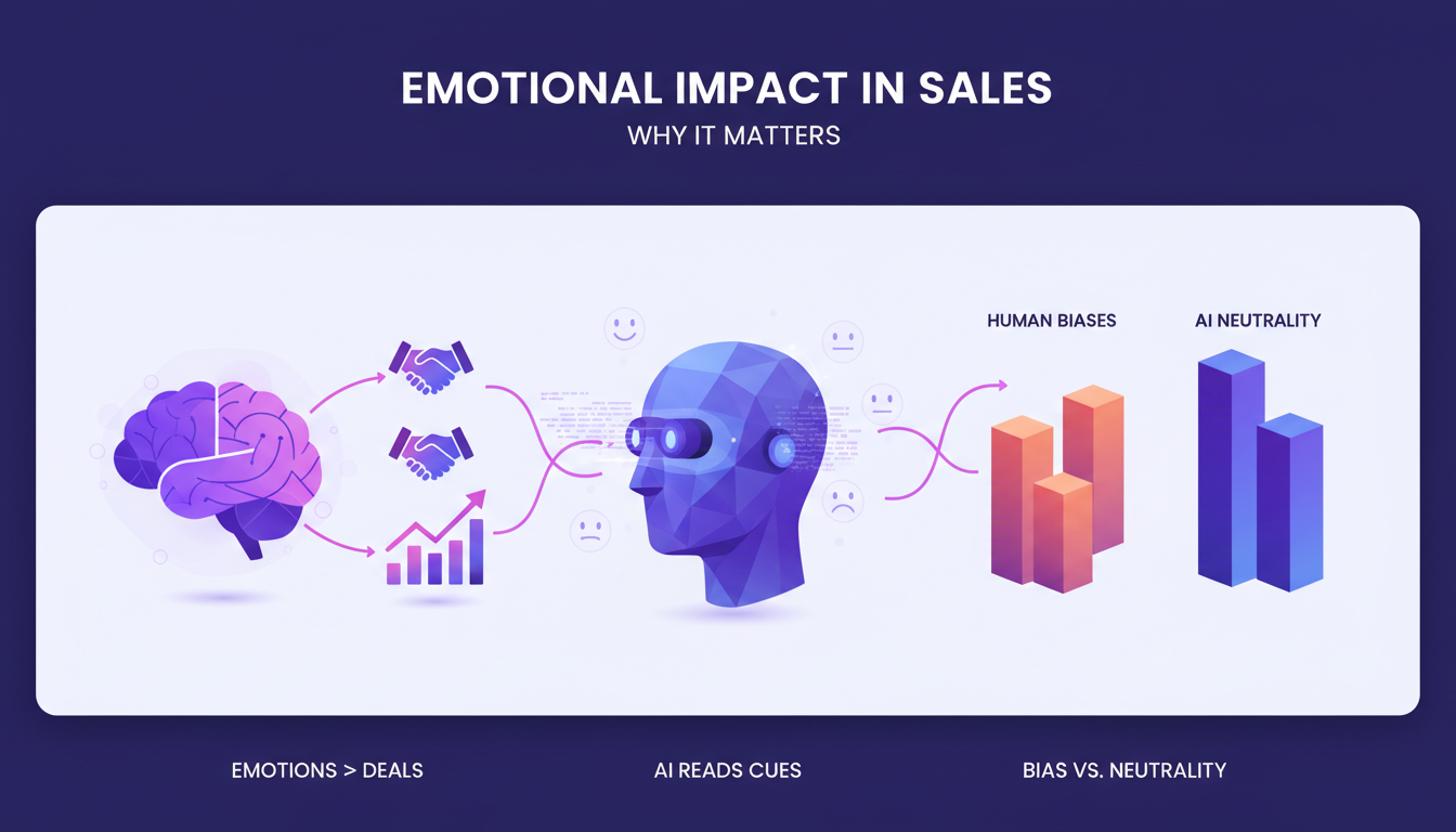 Modern illustration of emotional impact in sales, blending AI and human emotions, featuring geometric shapes and violet gradients.