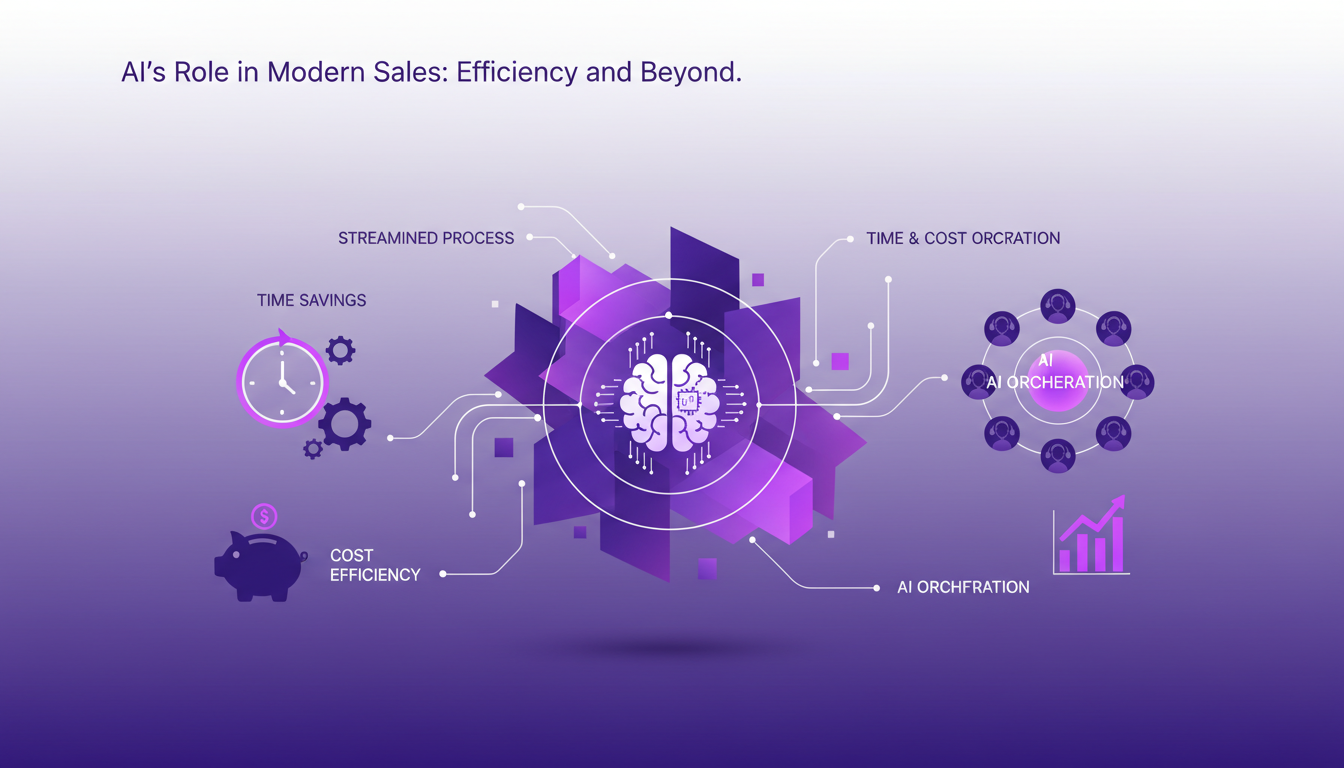 Modern illustration of AI in sales, showcasing efficiency and innovation with geometric shapes and violet gradient.