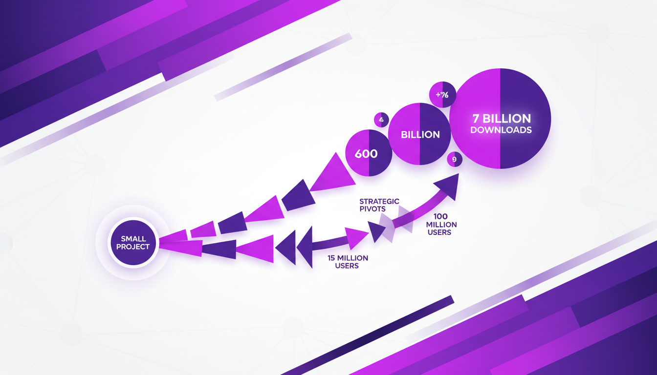 Modern illustration of VLC Media Player's journey and impact, highlighting its growth from a small project to 7 billion downloads.