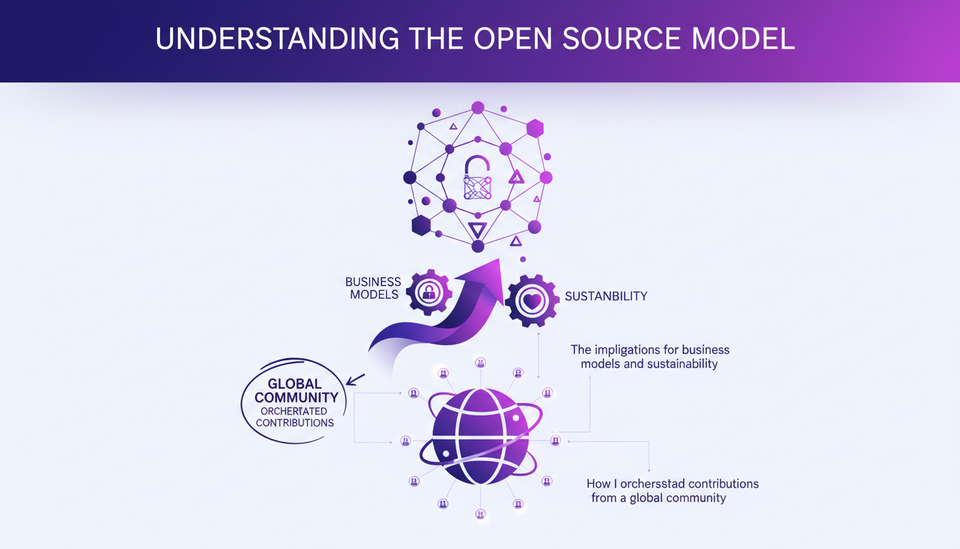 Modern illustration of the open source model with geometric shapes and gradients, highlighting global collaboration and technological innovation.