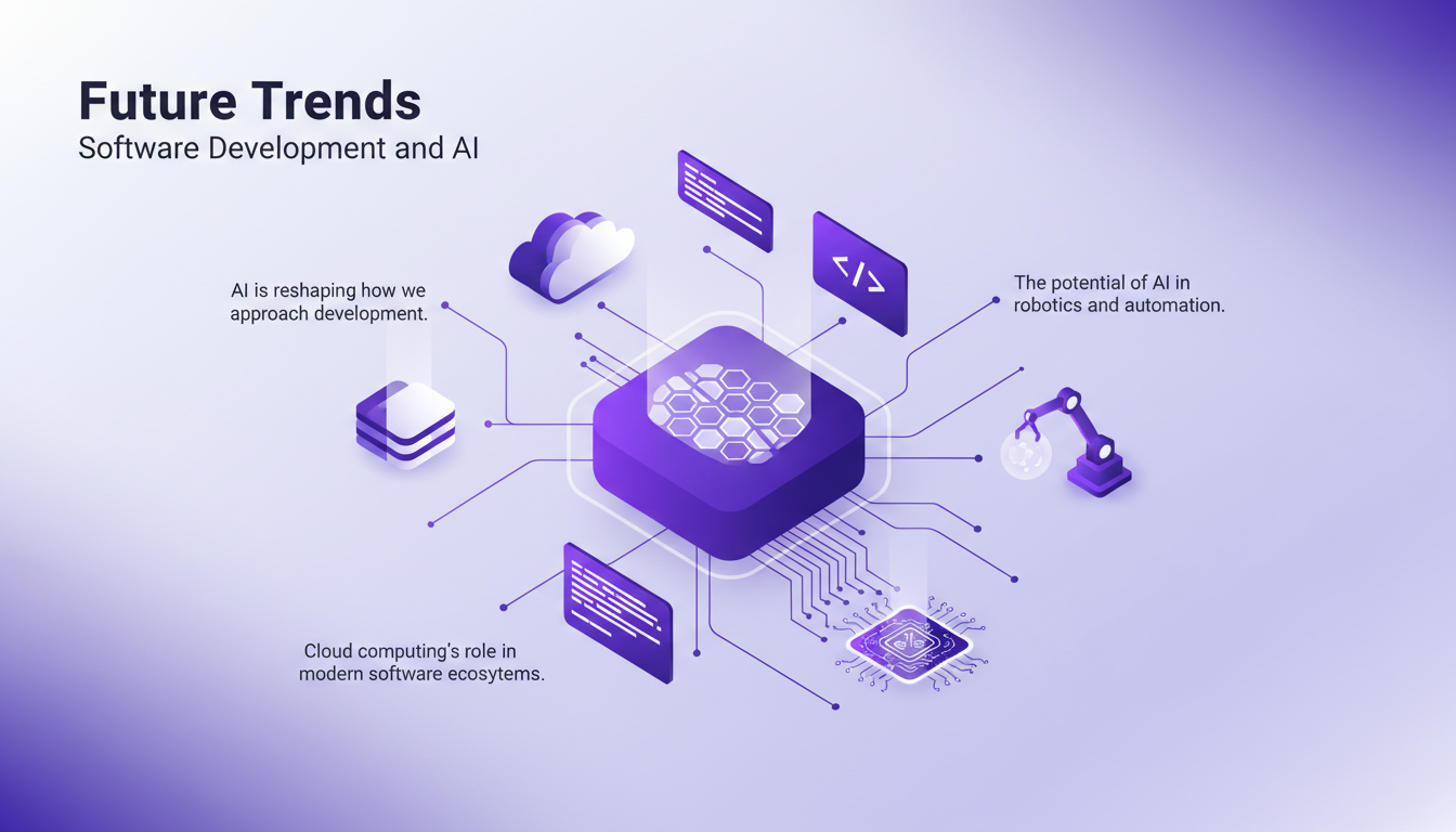 Modern illustration depicting future trends in software development and AI, featuring geometric shapes and indigo gradients.