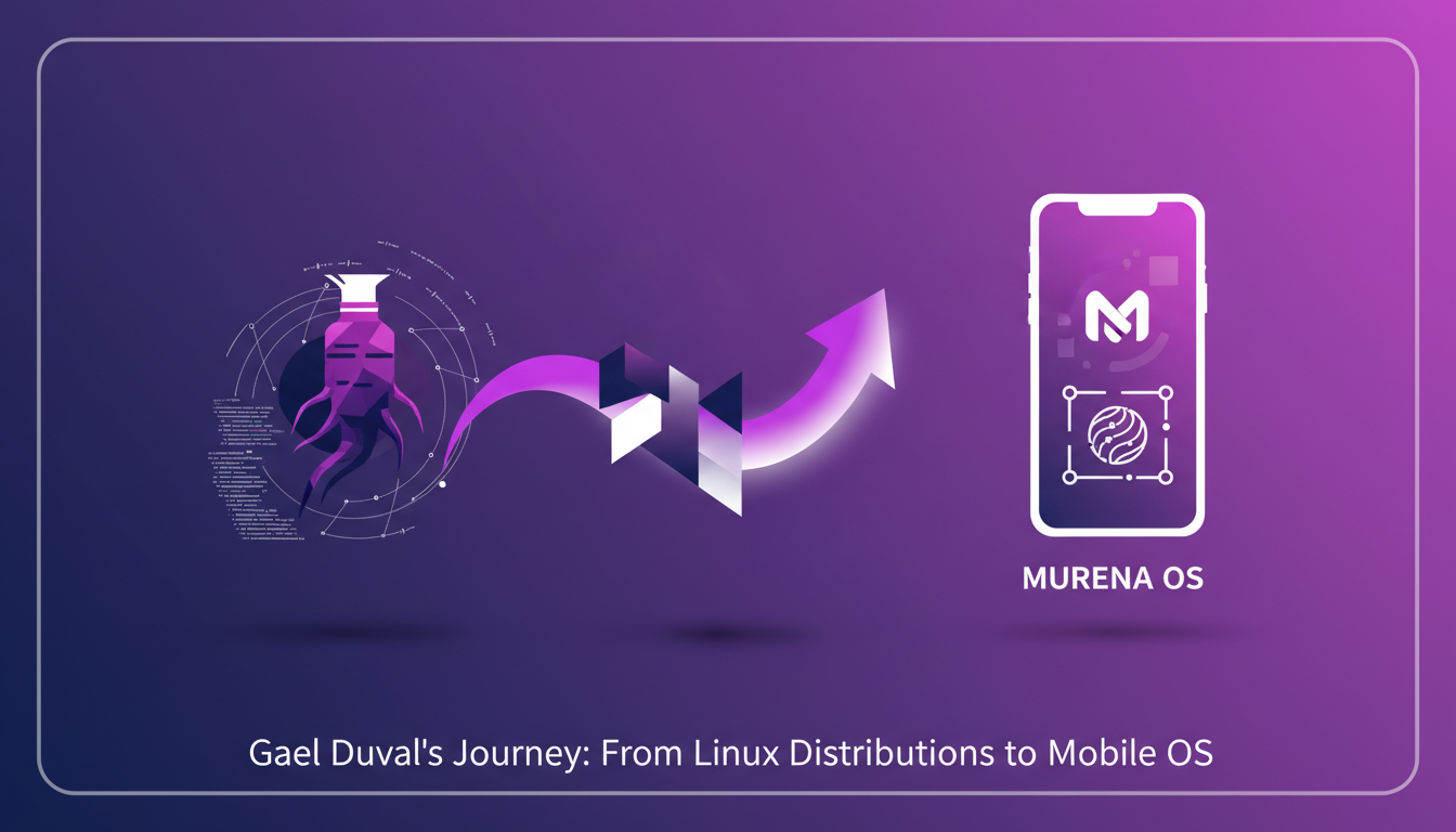 Modern illustration of Gael Duval's journey from Mandrake to Murena OS, highlighting the shift from Linux to an ethical mobile OS.