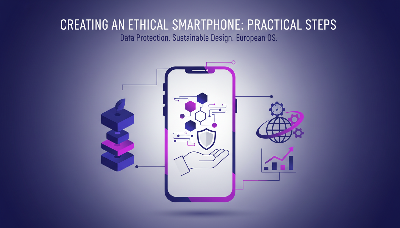 Modern illustration of an ethical smartphone, highlighting data protection and sustainability, featuring geometric shapes and violet gradients.