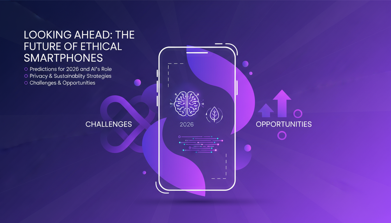 Modern illustration of ethical smartphones, futuristic with AI, clean lines and indigo-violet gradients, for an article on future tech developments.