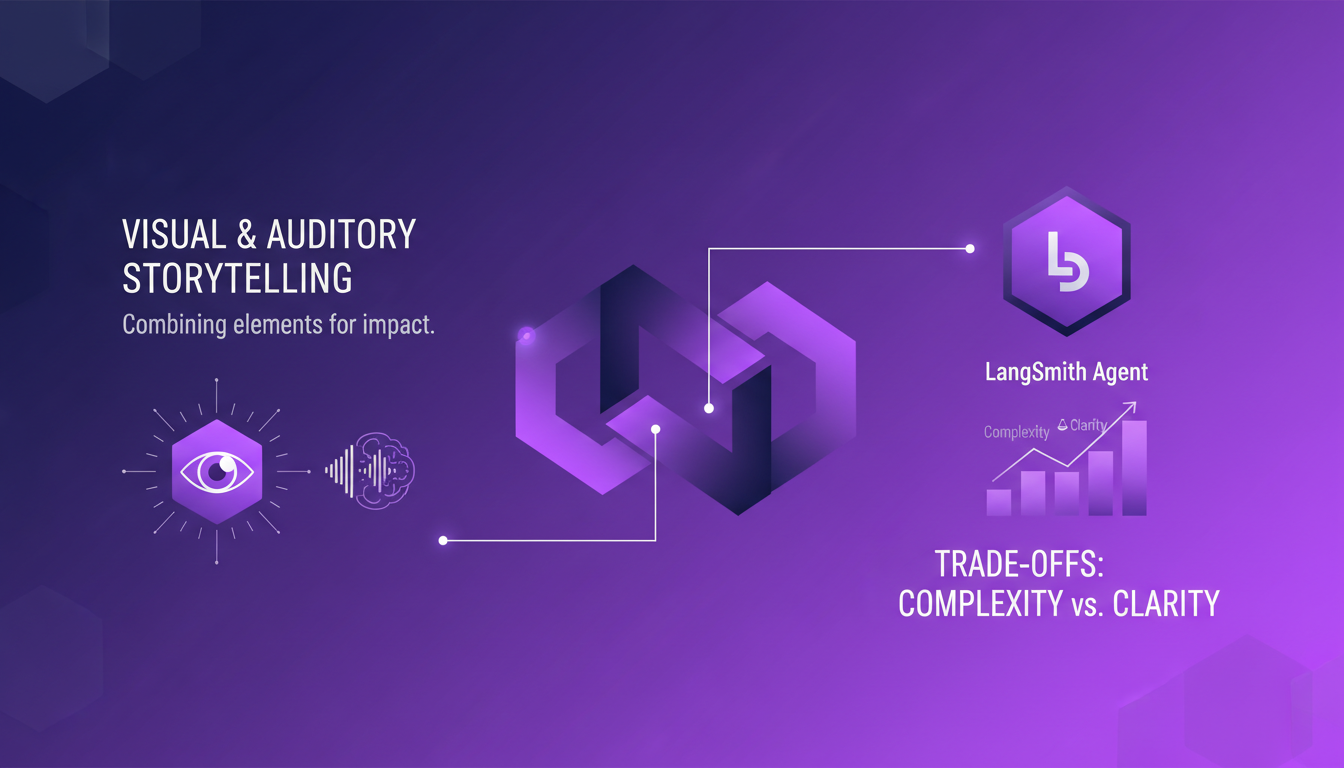 Modern illustration showcasing visual and auditory storytelling techniques with geometric shapes and indigo-violet gradients, emphasizing AI technology.