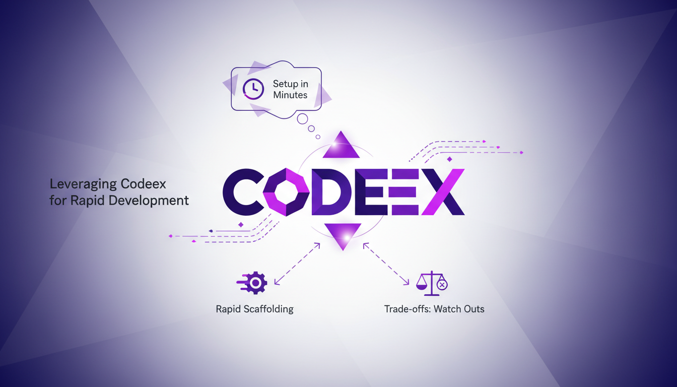 Modern illustration of Codeex for rapid development, highlighting scaffolding acceleration with geometric shapes and gradient overlays.
