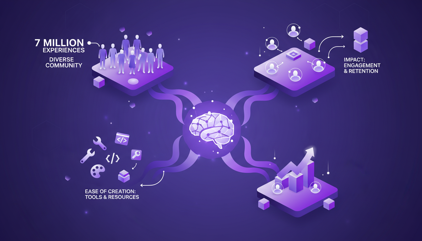 Modern illustration of creators in the Roblox ecosystem, showcasing 7 million experiences made with innovative tools, impact on engagement.