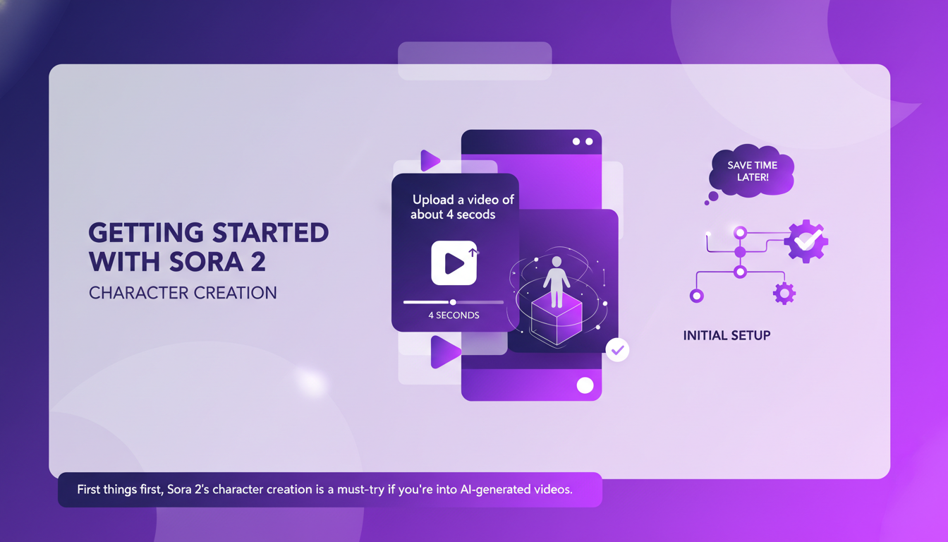 Modern minimalist illustration of Sora 2's character creation, intuitive interface for AI-generated videos, deep indigo and violet palette.