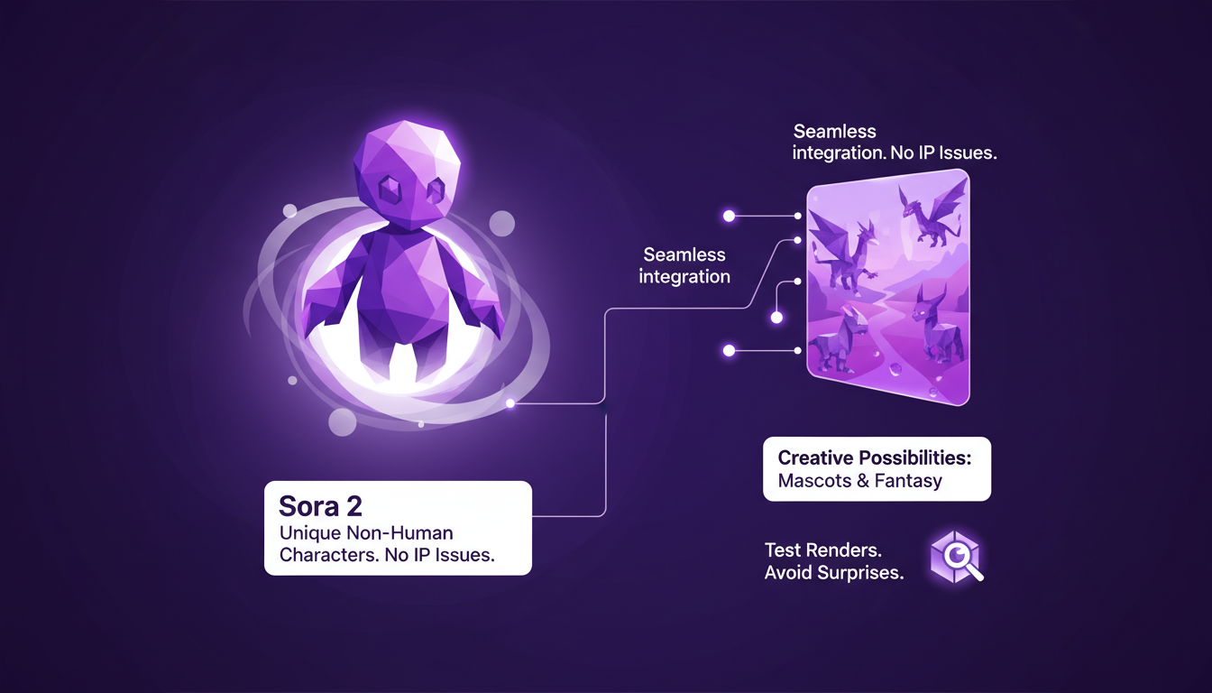 Modern illustration of non-human characters created with Sora 2, seamless integration, indigo and violet palette, minimalist style.