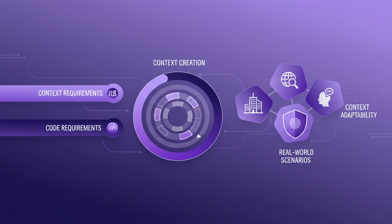 Modern illustration of navigating context development life cycle with geometric shapes and violet gradients, representing AI technology.