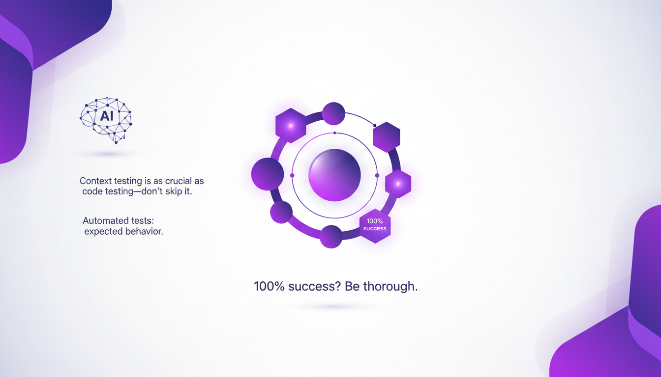 Modern illustration of context testing and validation, professional workflow with geometric shapes and violet gradients.