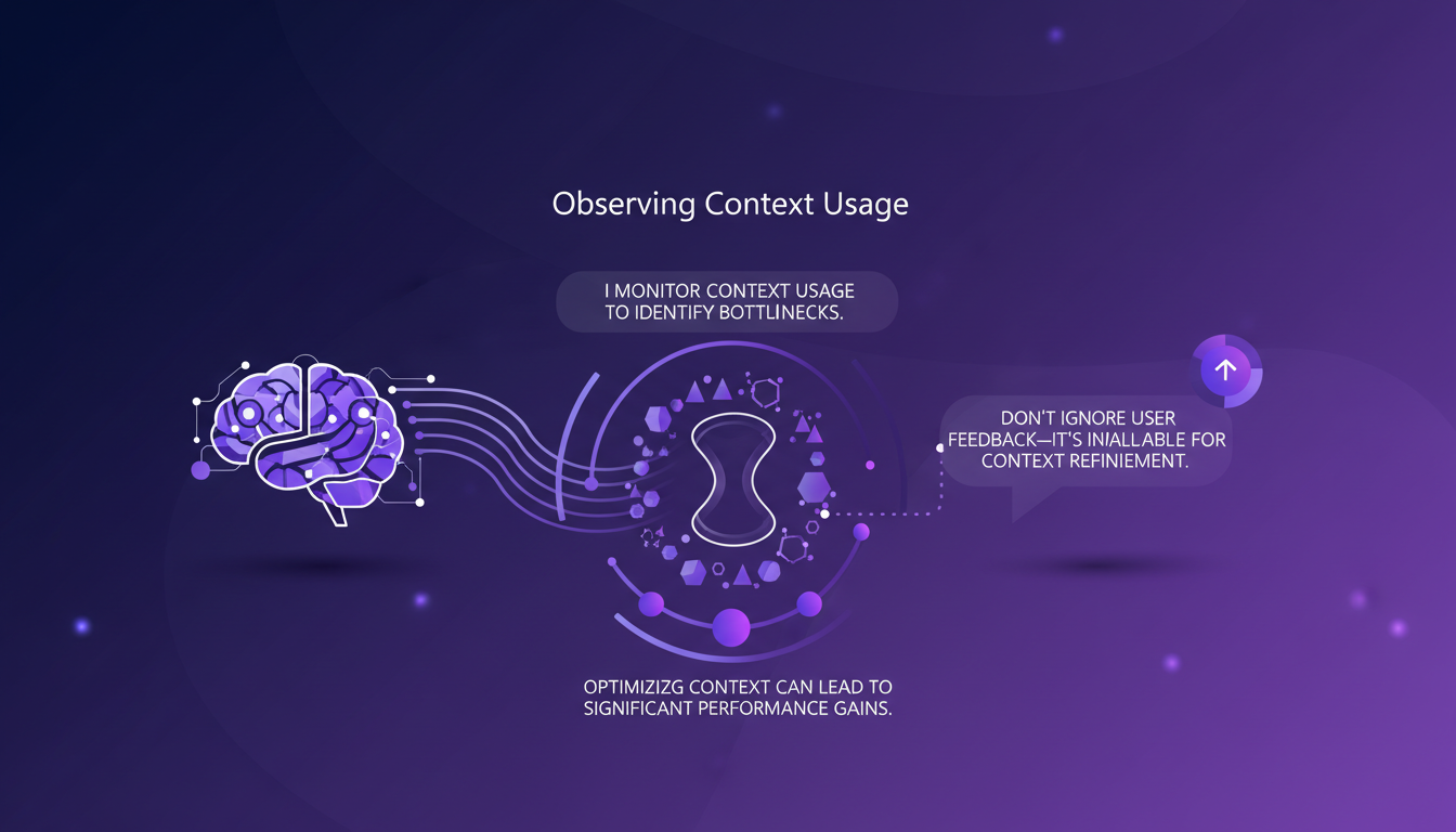 Modern illustration on observing and optimizing context usage in AI, featuring geometric shapes and indigo gradients for a tech blog.