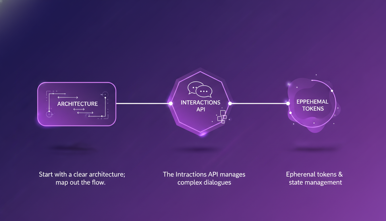 Illustration moderne d'un agent conversationnel avec architecture claire, API d'interactions, et gestion des tokens éphémères, palette indigo-violet.