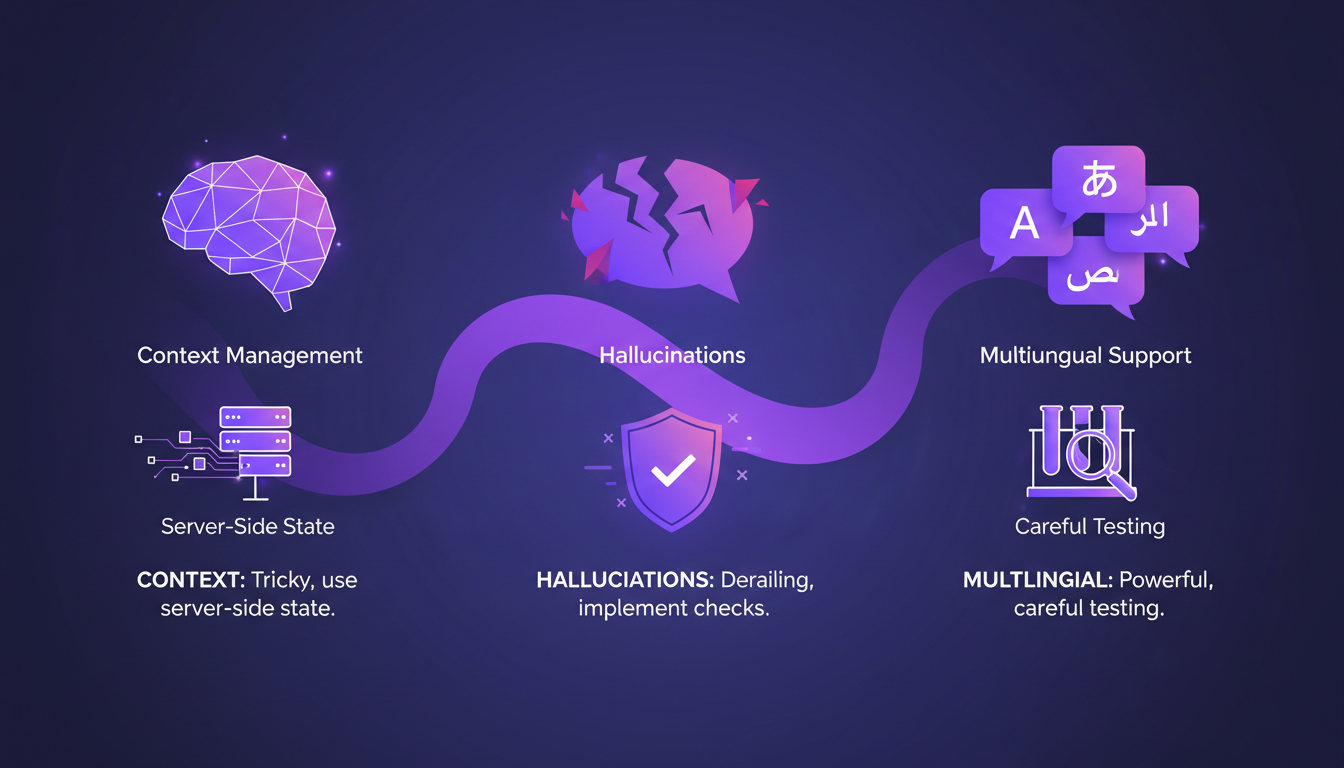 Illustration moderne surmontant les défis techniques en IA, avec gestion de contexte et hallucinations, dans des tons indigo et violet.