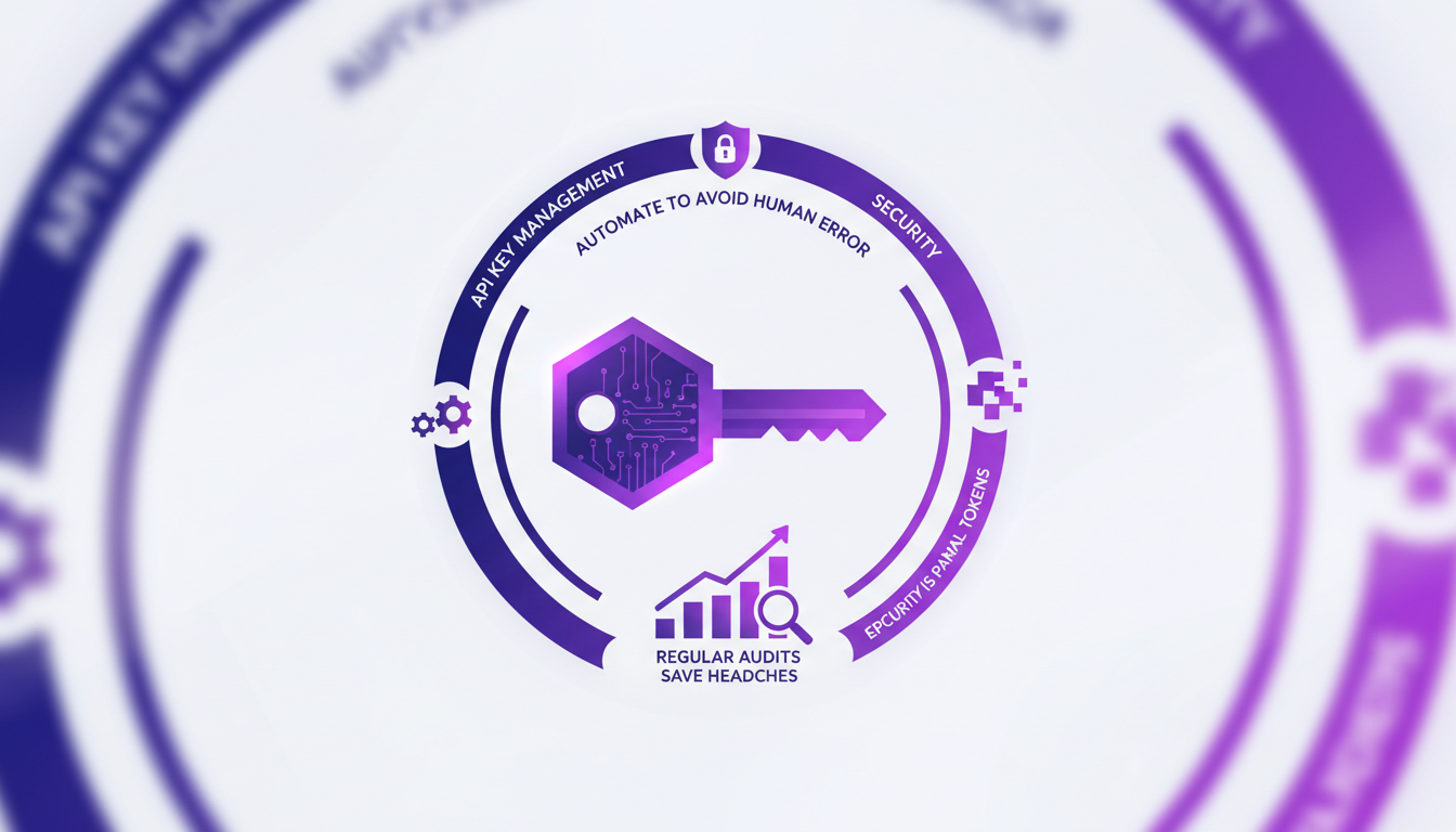 Illustration moderne sur la gestion des clés API et les meilleures pratiques de sécurité, avec des formes géométriques et des dégradés indigo et violet.