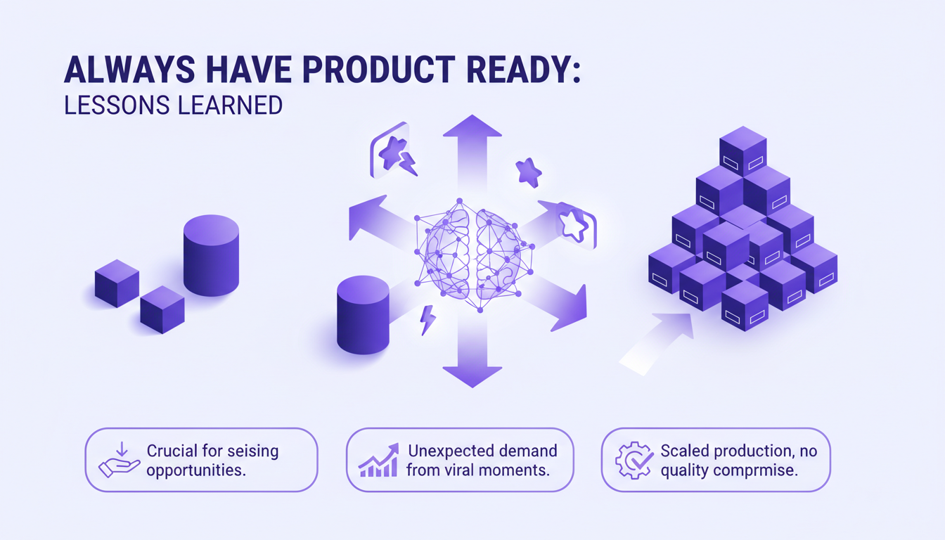 Modern illustration of ready products, highlighting the importance of preparation for unexpected demand, featuring geometric shapes and gradients.