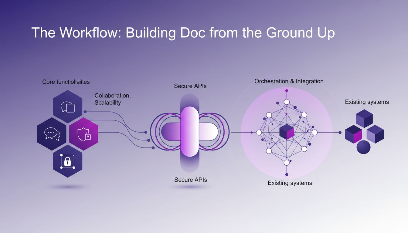 Modern illustration of workflow for building Doc, featuring AI integration, security, collaboration, and scalability.