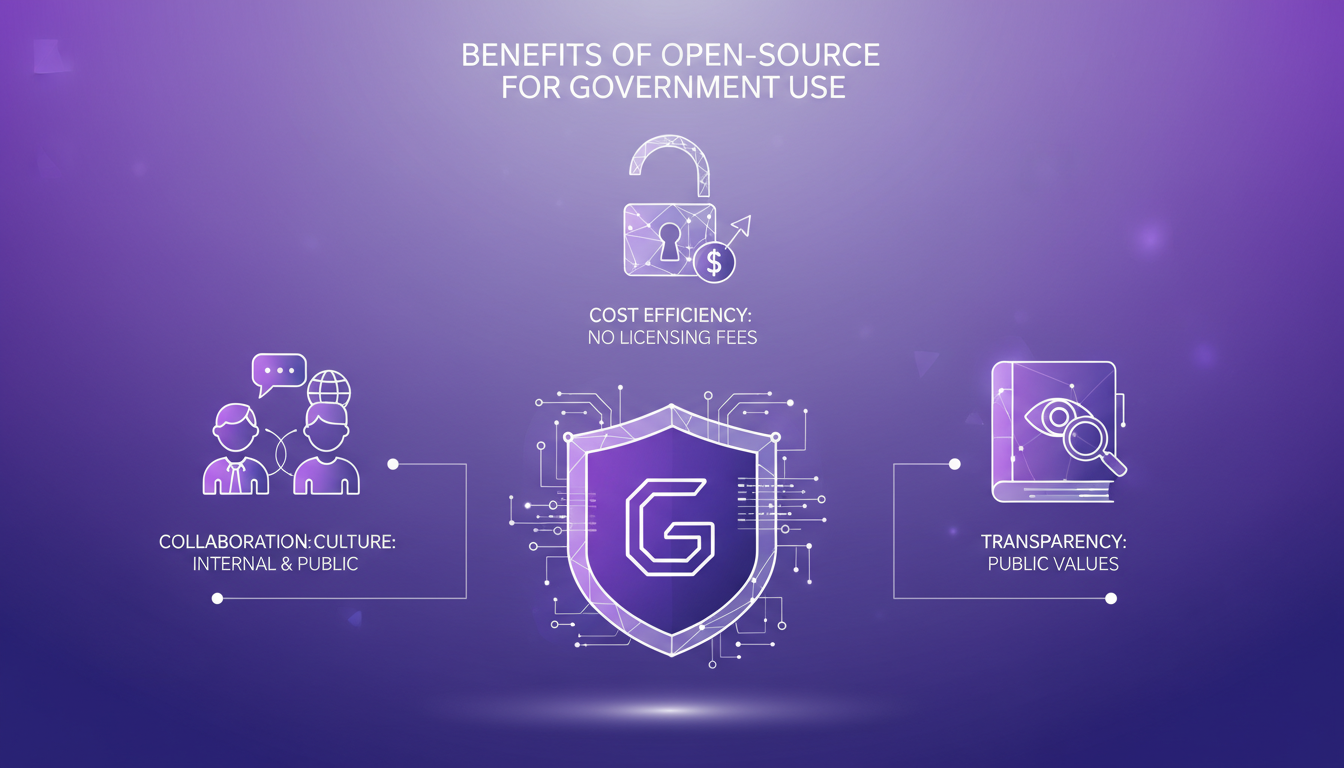 Modern illustration of open-source benefits for government, highlighting cost-efficiency, collaboration, and transparency.