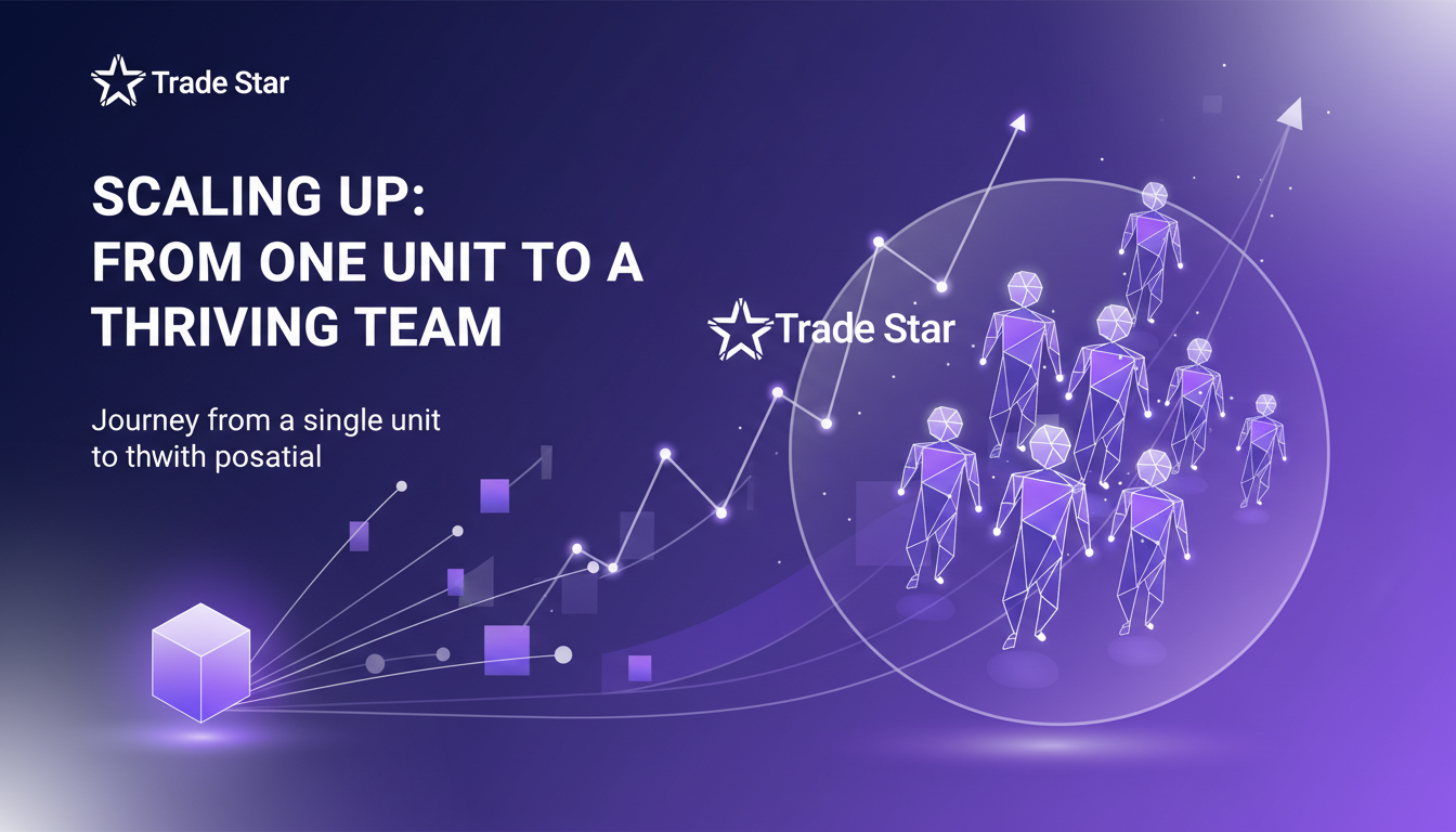 Modern minimalist illustration of a startup's growth from one unit to a 30-person team, featuring indigo and violet tones.