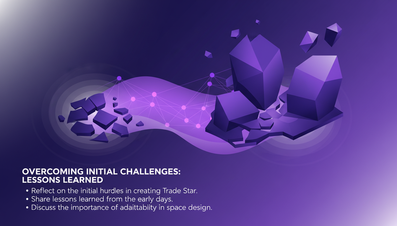 Modern illustration overcoming initial challenges, lessons learned, adaptable design, AI technology, indigo and violet colors.