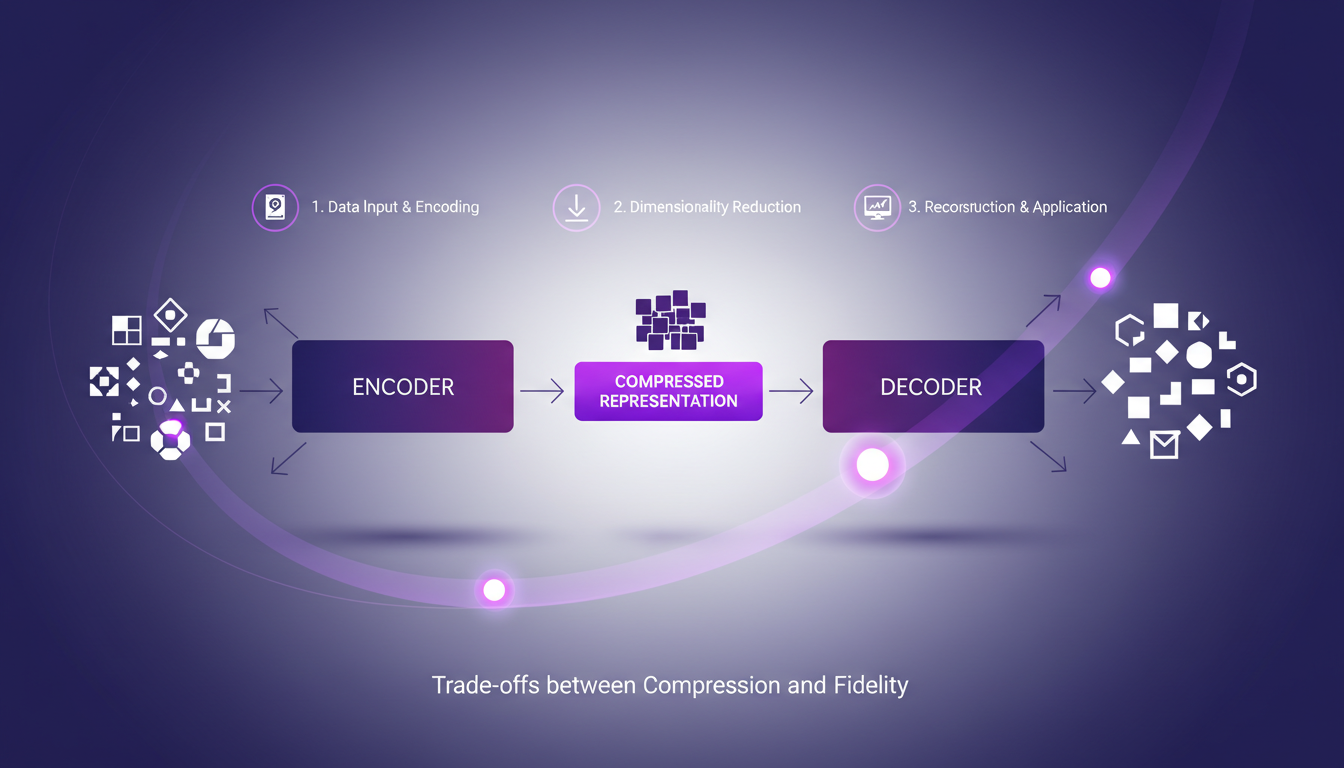 Modern illustration of autoencoders showing data size reduction with geometric shapes and gradients, highlighting AI technology.