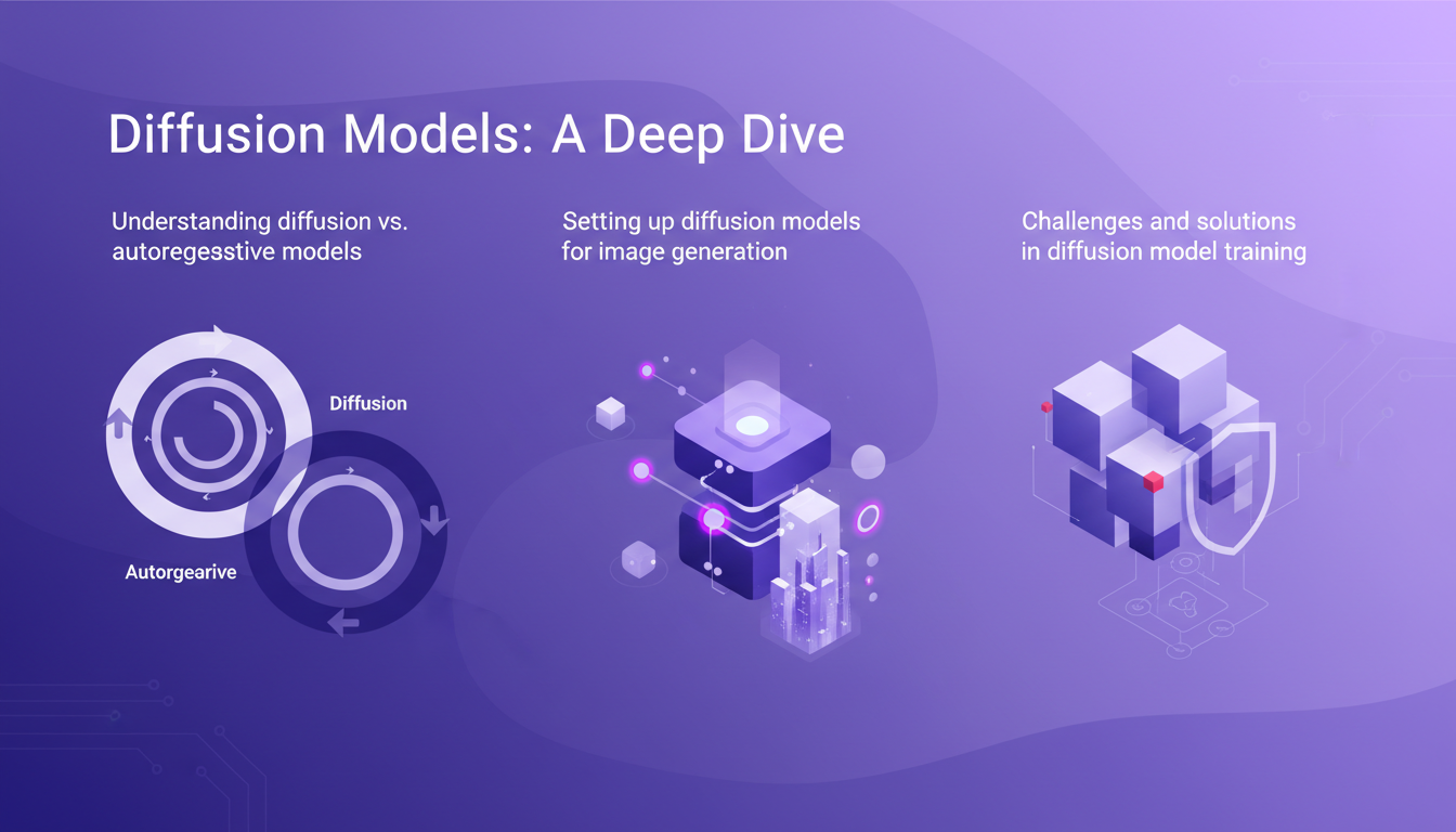 Modern illustration of diffusion models in AI, featuring geometric shapes and violet gradients, explaining autoregressive models.
