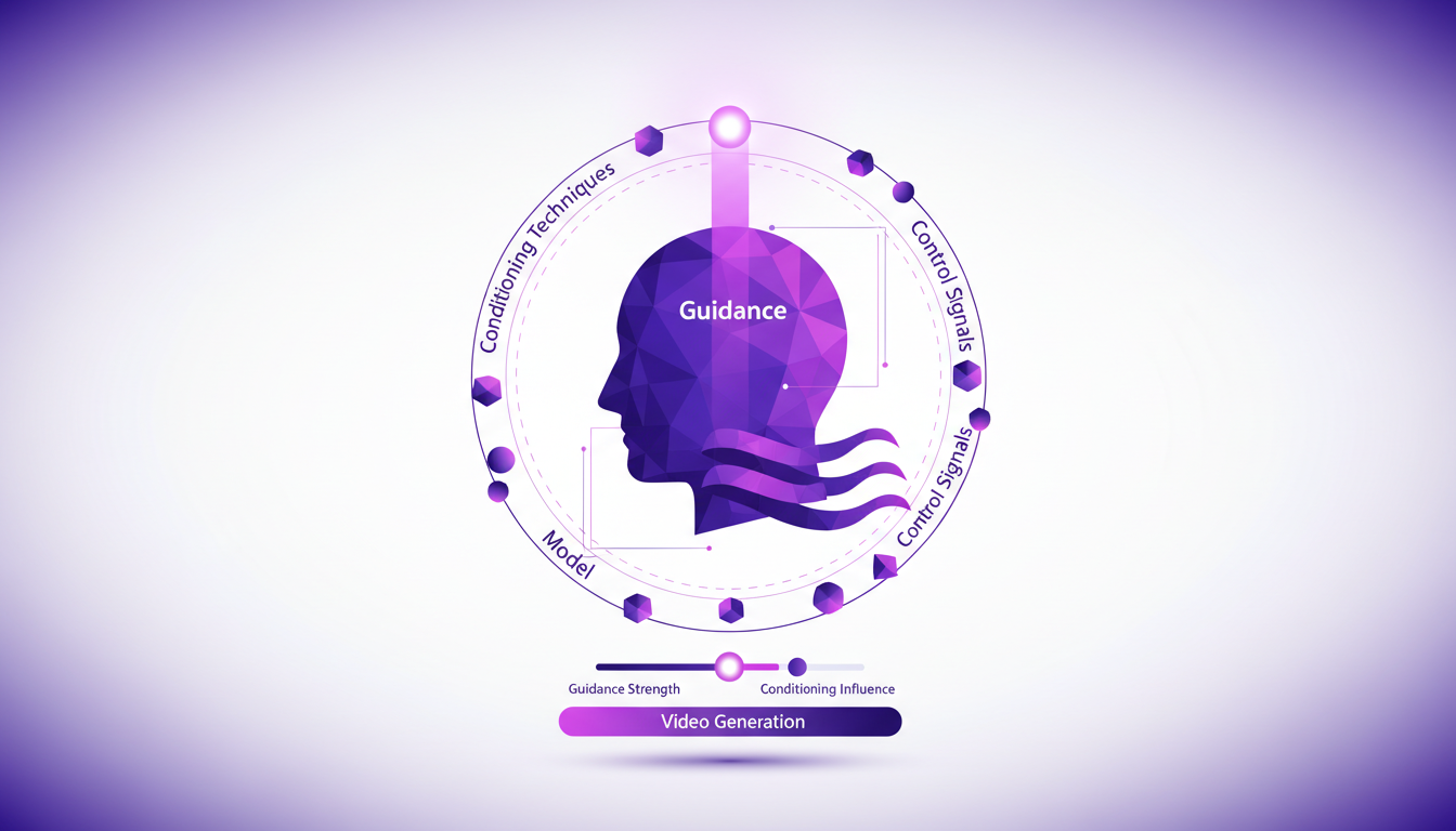 Modern minimalist illustration on guidance and conditioning in generative models, featuring geometric shapes and indigo gradients.