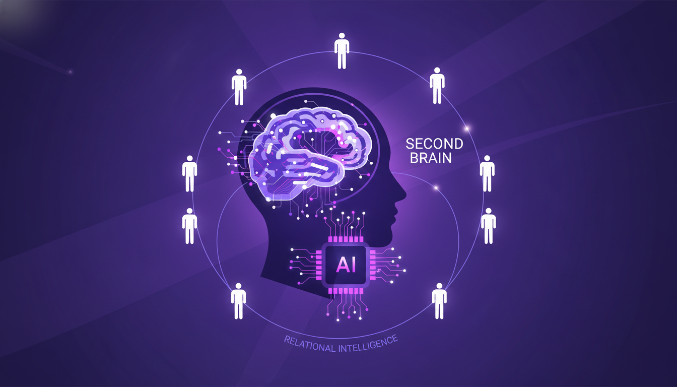 Illustration moderne de l'intelligence relationnelle et du 'Second Brain' avec formes géométriques et dégradés indigo et violet.