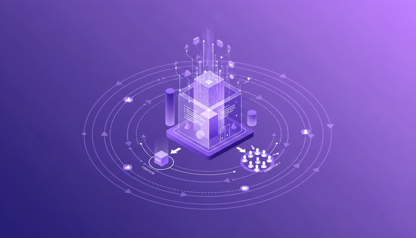 Illustration moderne représentant la transparence et les boucles de rétroaction dans la construction publique, avec des formes géométriques et des dégradés violets.