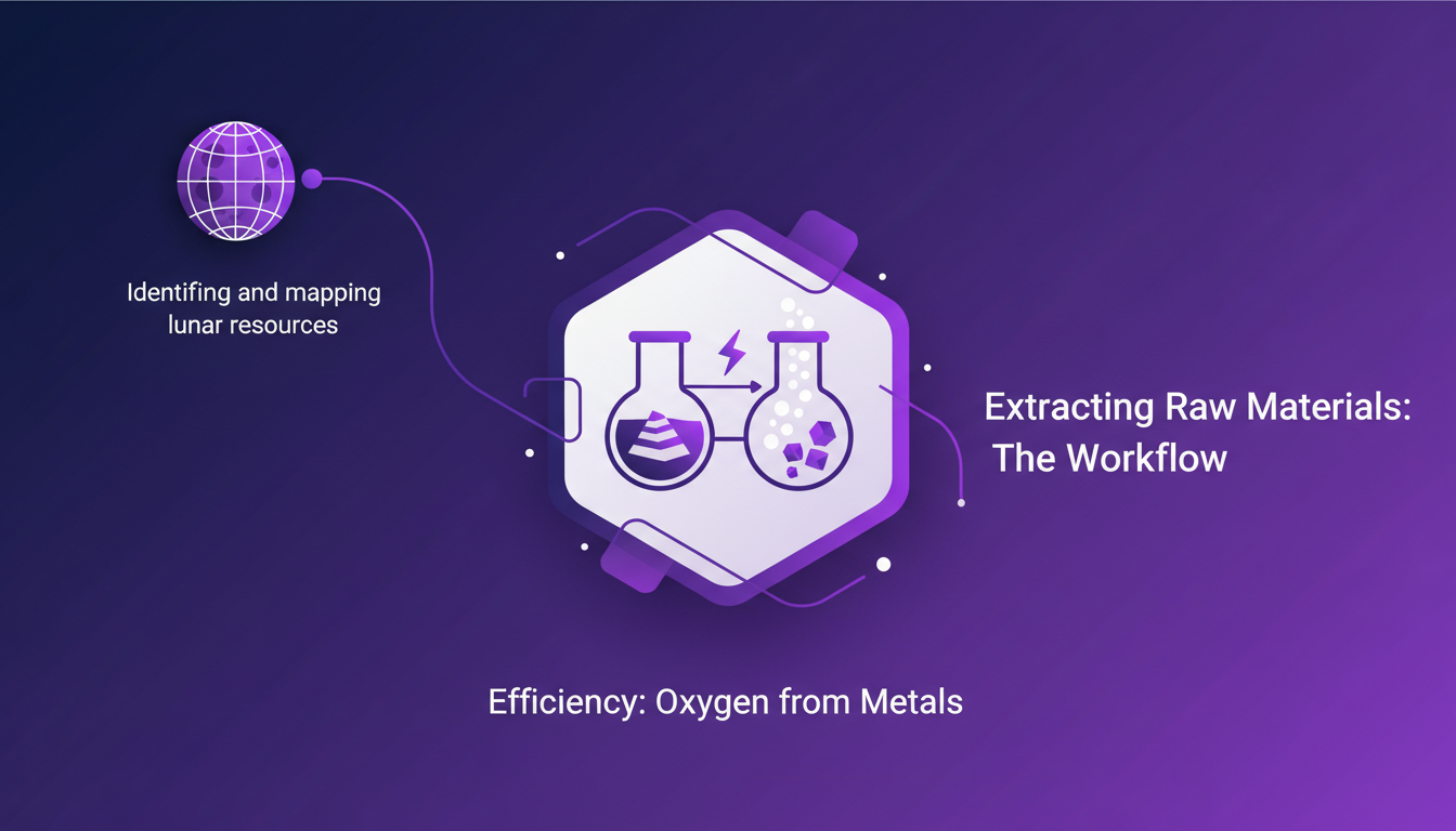 Modern illustration of lunar raw material extraction workflow using electrolysis, featuring geometric shapes and violet gradients.