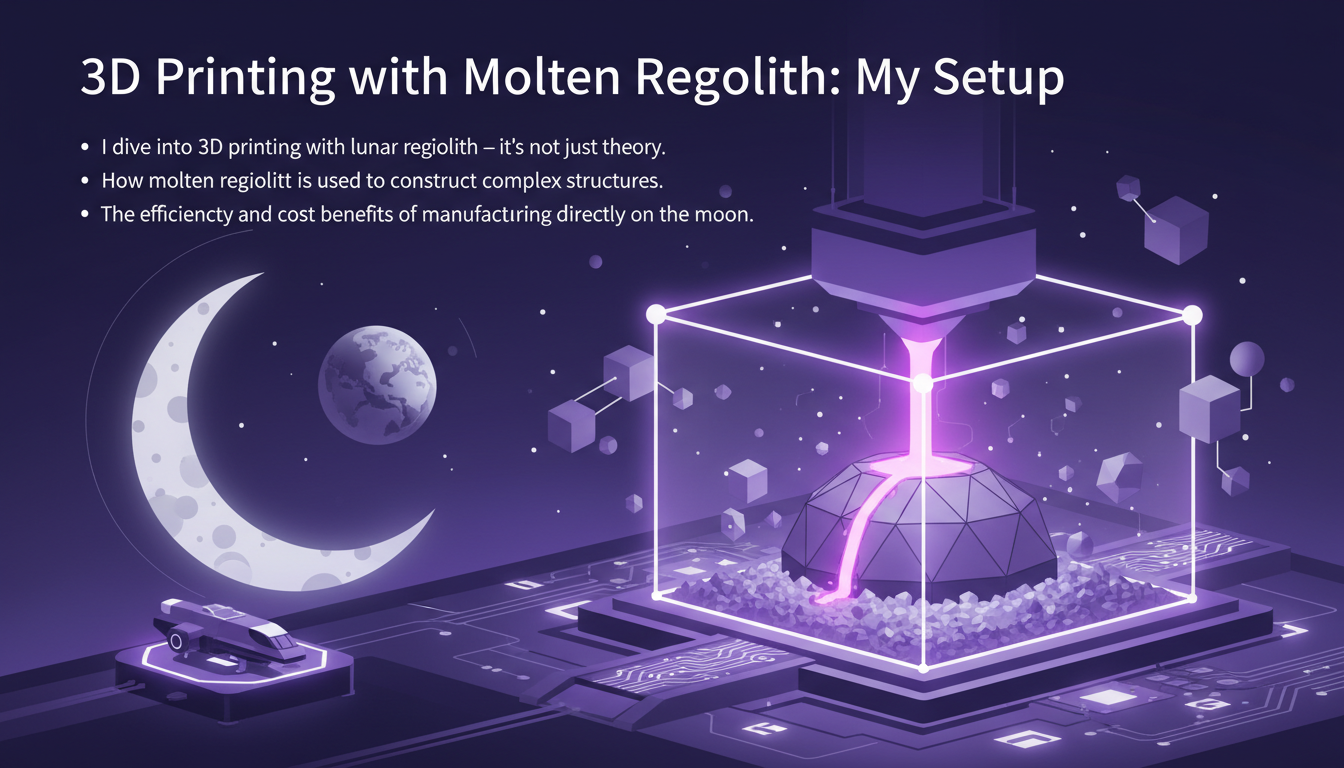 Modern illustration of 3D printing with molten lunar regolith, highlighting efficiency and benefits on the Moon.
