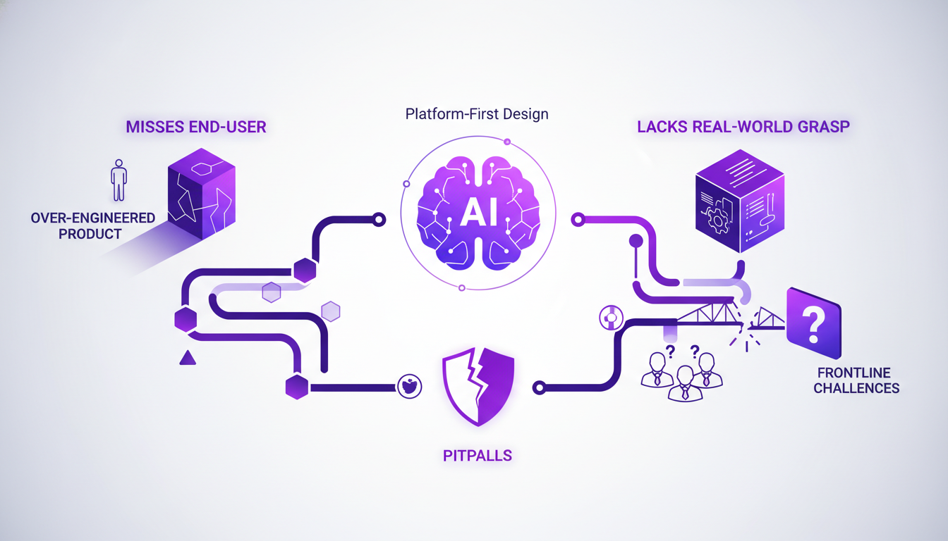 Modern minimalist illustration on pitfalls of designing for platform teams, featuring geometric shapes and violet gradients.
