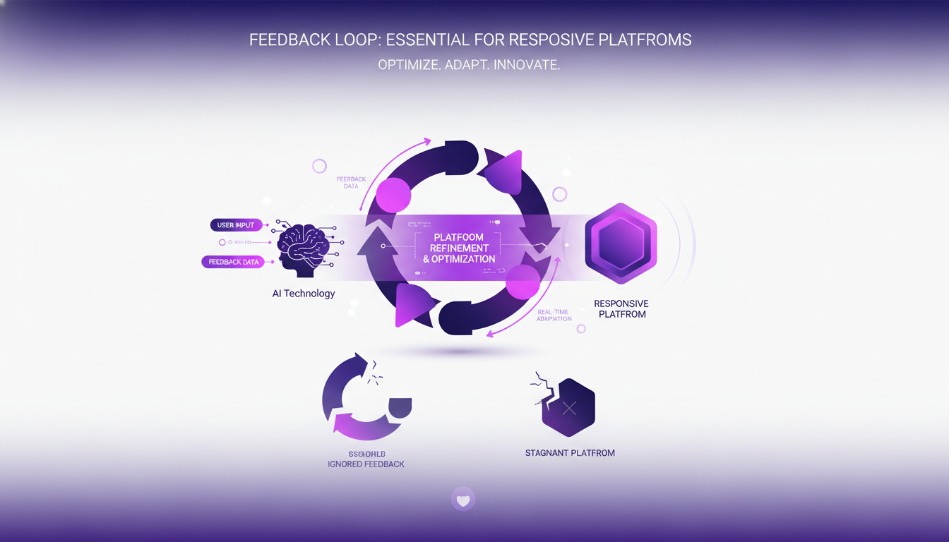 Modern illustration depicting feedback loops in platform development, featuring geometric shapes and gradient overlays in indigo and violet.