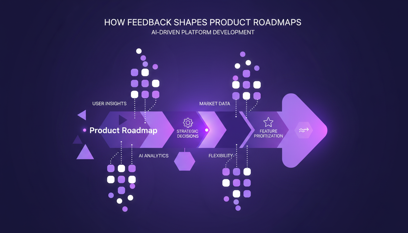 Modern illustration depicting how feedback shapes product roadmaps, featuring geometric elements and an indigo-violet color palette.